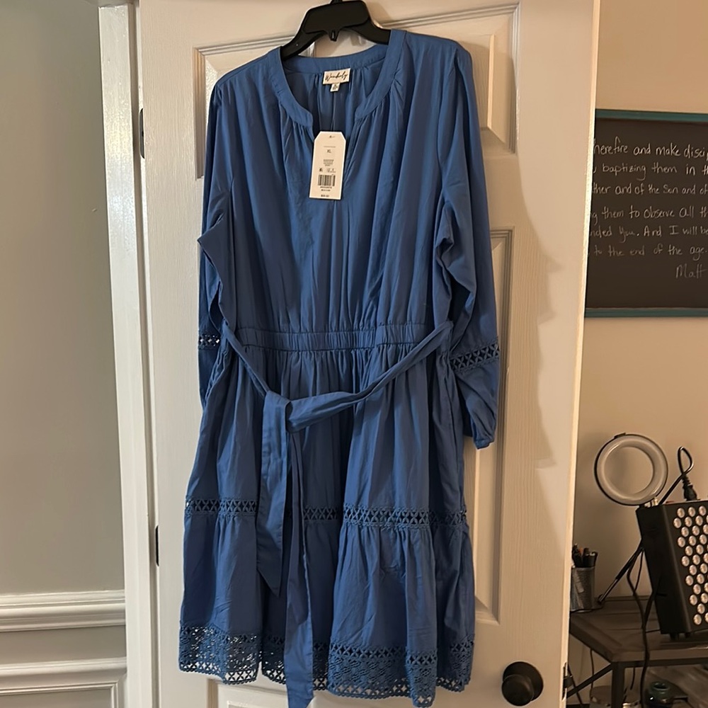 NWT Wonderly Blue Long-Sleeve Dress with Lace Details